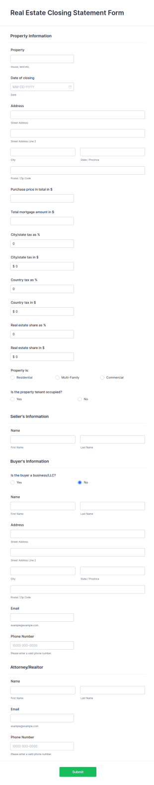 Real Estate Closing Statement Form Template