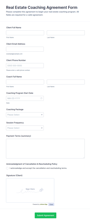 Real Estate Coaching Agreement Form Template
