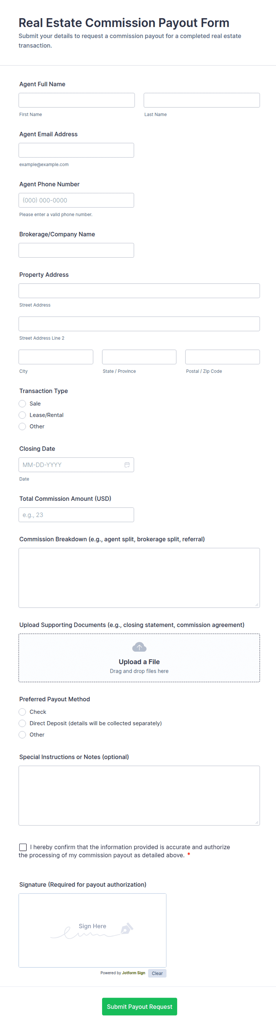 Real Estate Commission Payout Form Template | Jotform