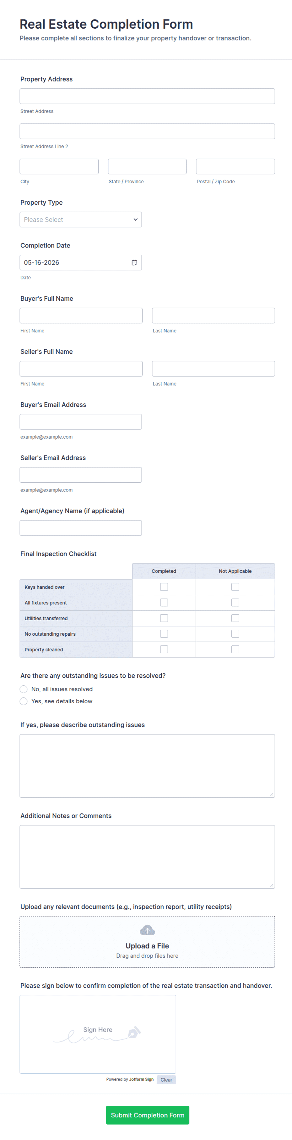Property Project Form Real Estate Completion Form Template | Jotform