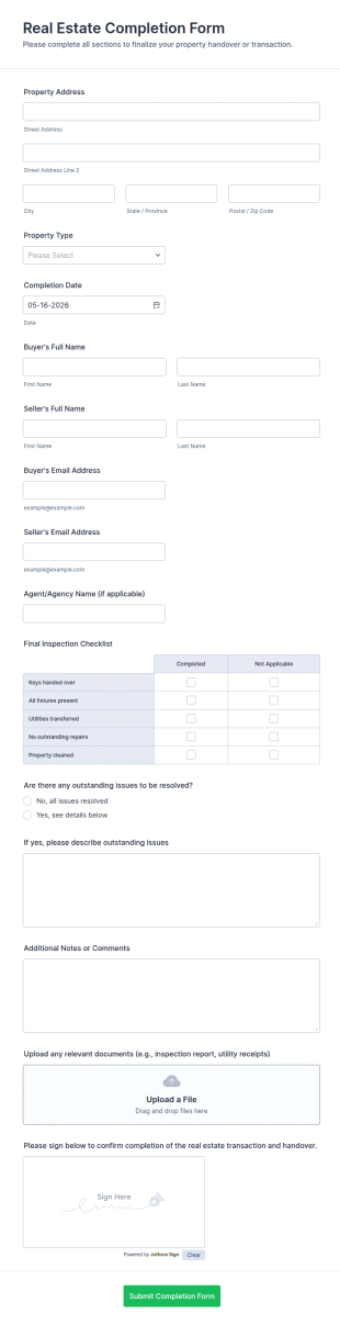 Real Estate Completion Form Template