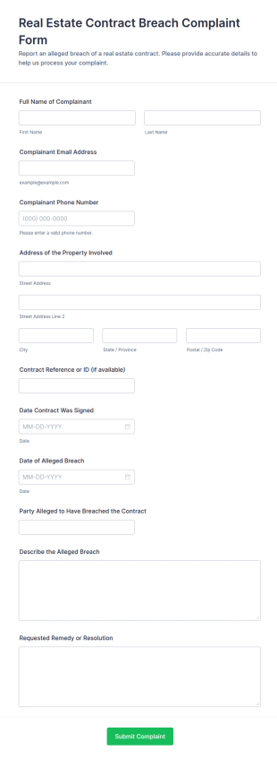 Real Estate Contract Breach Complaint Form Template