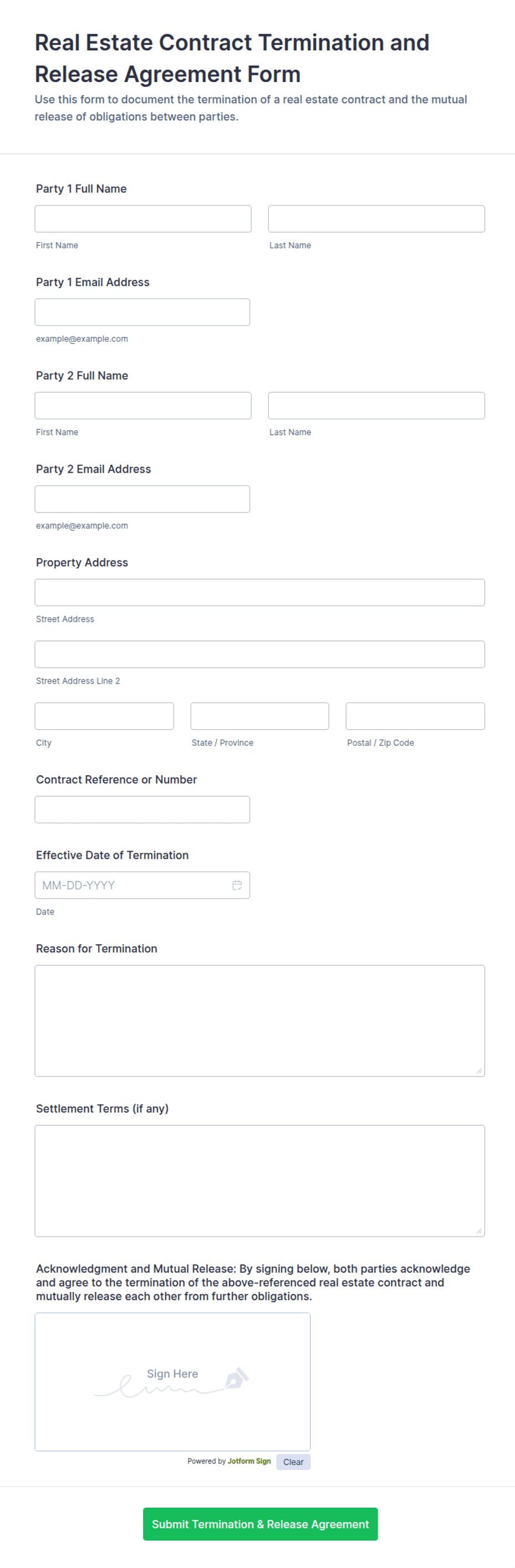 Real Estate Contract Termination and Release Agreement Form Template ...