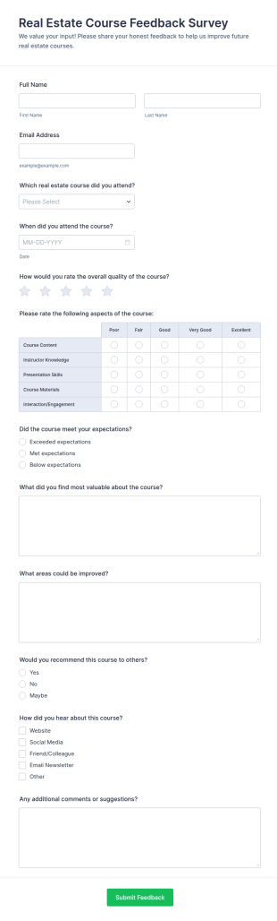 Real Estate Course Feedback Survey Form Template
