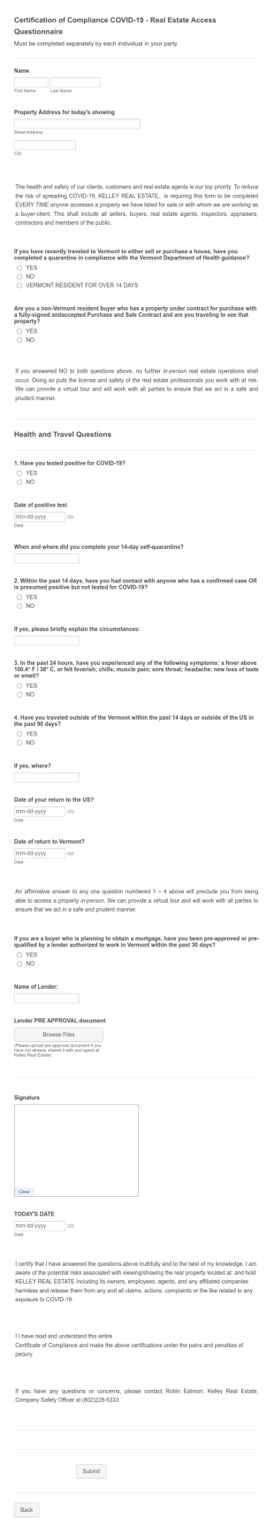 Real Estate COVID 19 Compliance Questionnaire Form Template