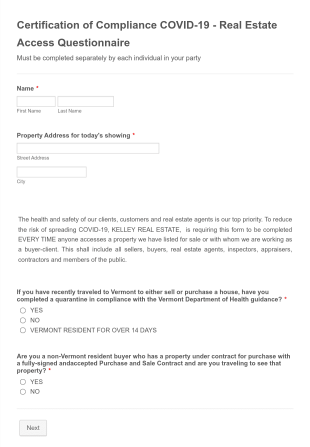 Real Estate COVID 19 Compliance Questionnaire Form Template