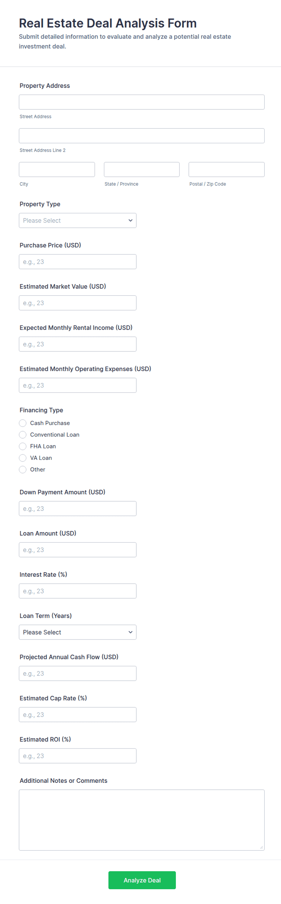 Real Estate Deal Analysis Form Template | Jotform