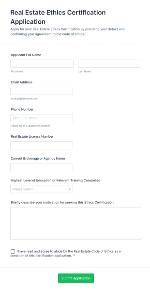 Real Estate Ethics Certification Application Form Template