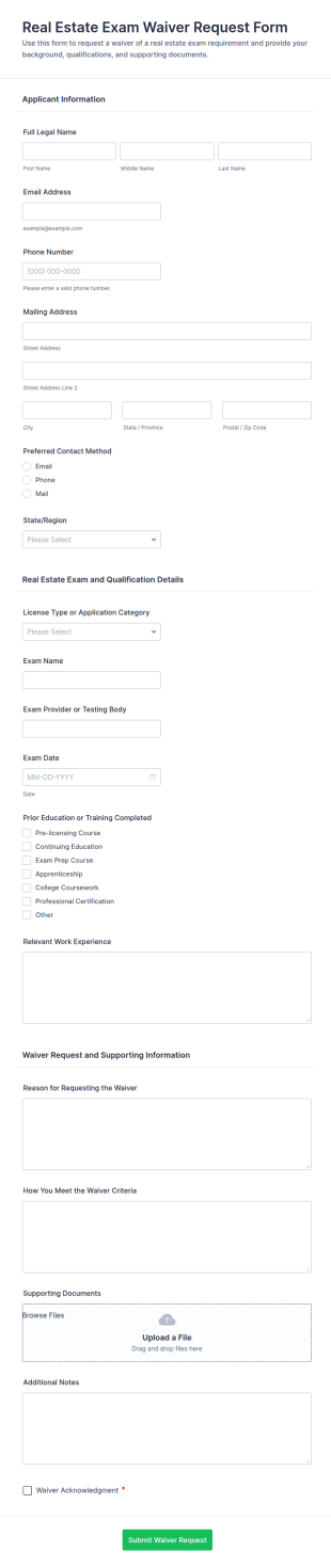Real Estate Exam Waiver Request Form Template