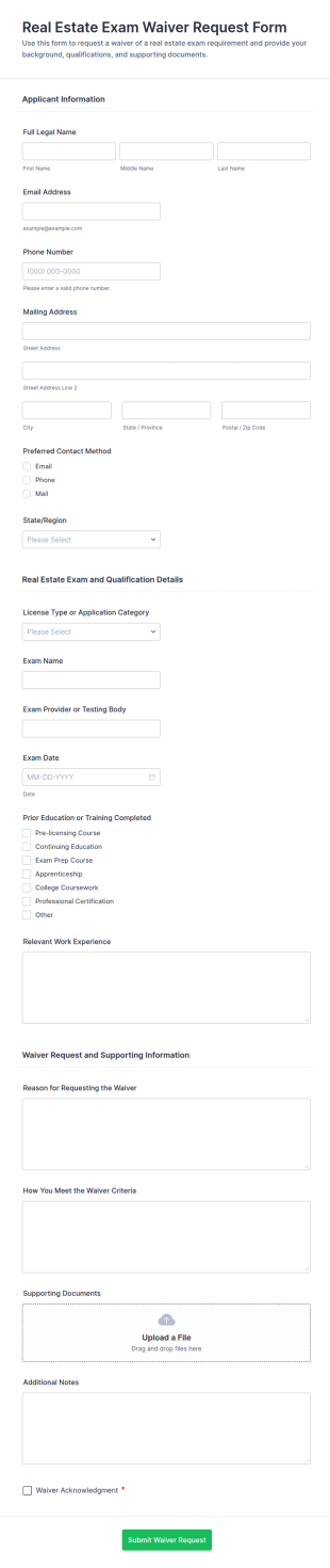 Real Estate Exam Waiver Request Form Template