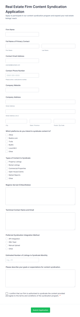 Real Estate Firm Content Syndication Application Form Template