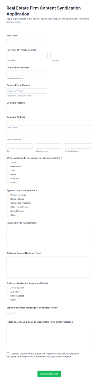 Real Estate Firm Content Syndication Application Form Template