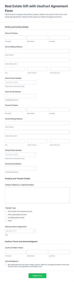 Real Estate Gift With Usufruct Agreement Form Template