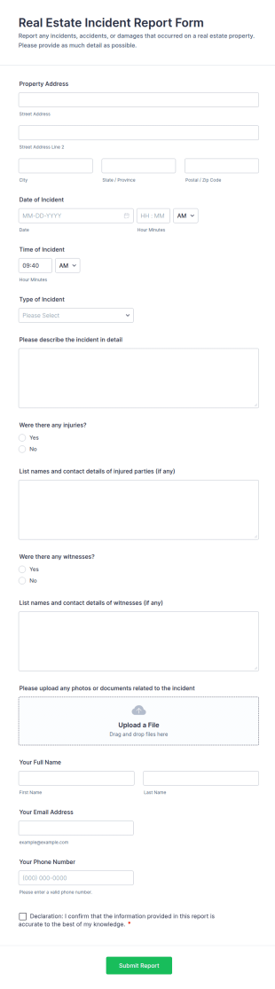 Real Estate Incident Report Form Template