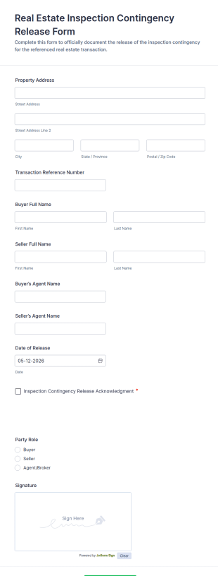 Real Estate Inspection Contingency Release Form Template