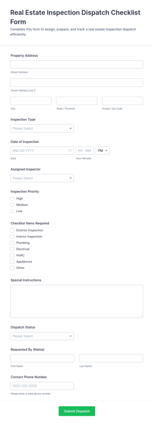 Real Estate Inspection Dispatch Checklist Form Template
