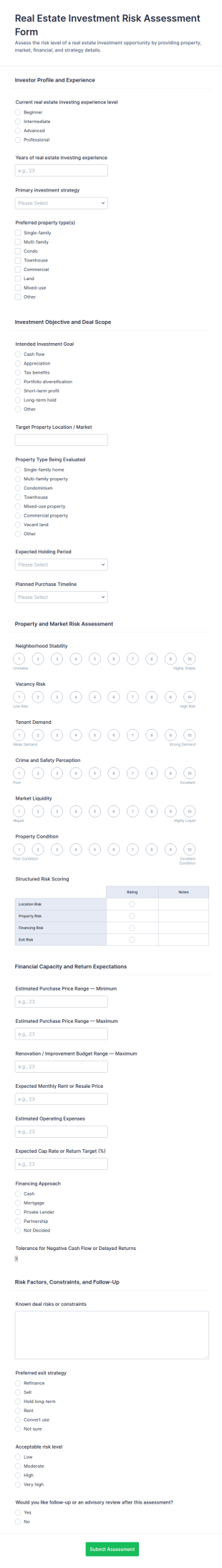 Real Estate Investment Risk Assessment Form Template
