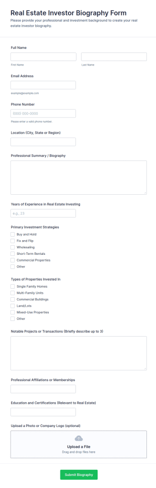 Real Estate Investor Biography Form Template