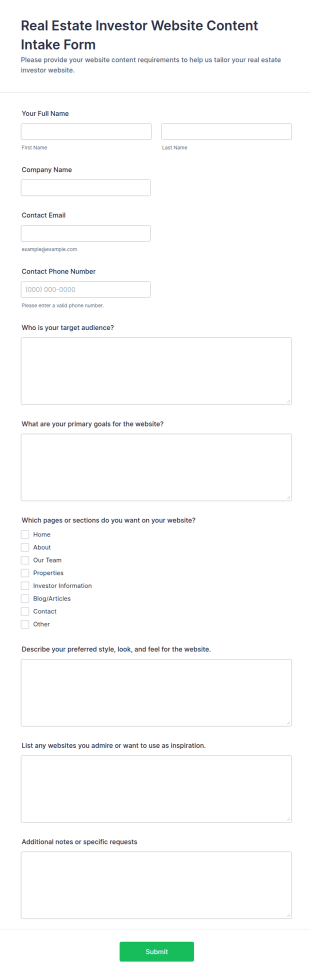 Real Estate Investor Website Content Intake Form Template
