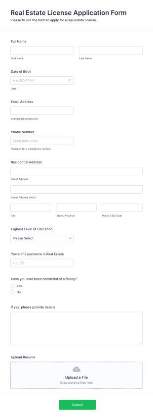 Real Estate License Application Form Form Template