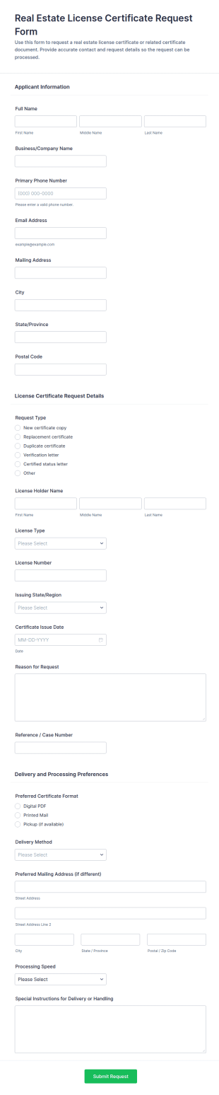 Real Estate License Certificate Request Form Template