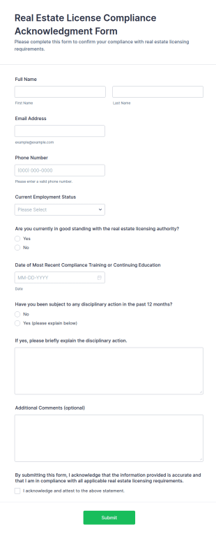 Real Estate License Compliance Acknowledgment Form Template