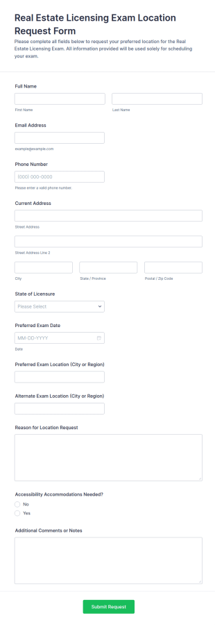 Real Estate Licensing Exam Location Request Form Template