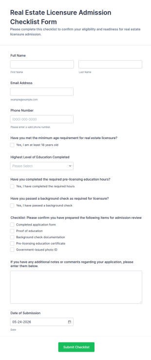 Real Estate Licensure Admission Checklist Form Template