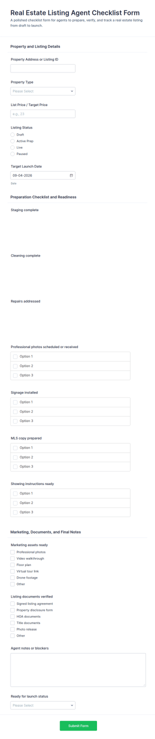 Real Estate Listing Agent Checklist Form Template