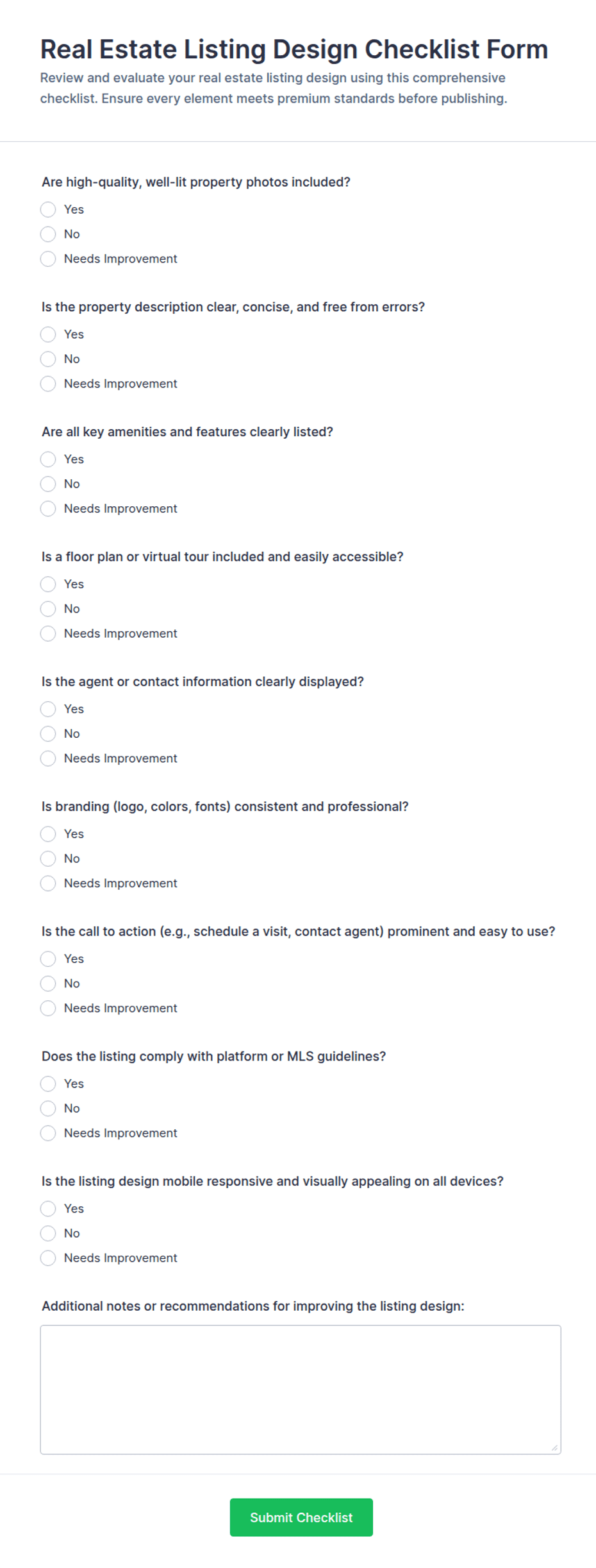 Real Estate Listing Design Checklist Form Template | Jotform