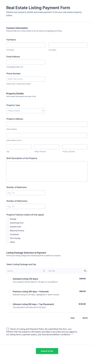Real Estate Listing Payment Form Template