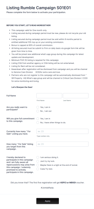Real Estate Listing Boost Campaign Registration Form Template
