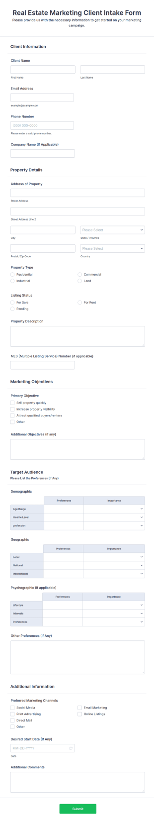 Real Estate Marketing Intake Form Template