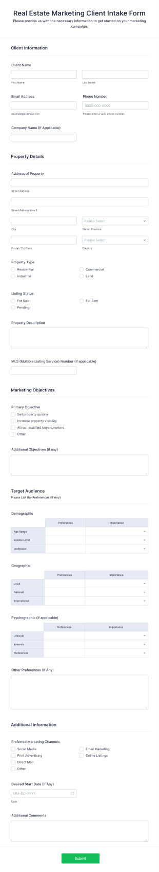 Real Estate Marketing Intake Form Template