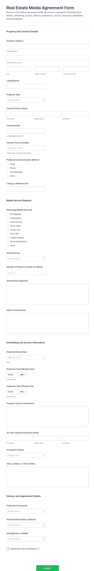 Real Estate Media Agreement Form Template