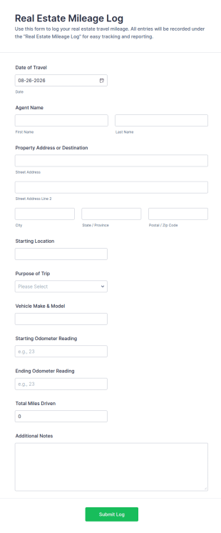Real Estate Mileage Log Form Template