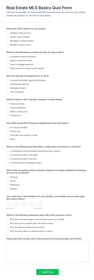Real Estate MLS Basics Quiz Form Template