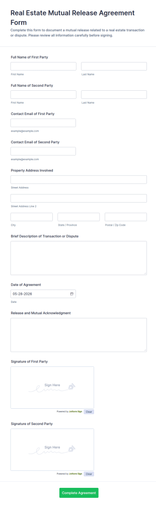 Real Estate Mutual Release Agreement Form Template