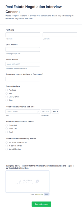 Real Estate Negotiation Interview Consent Form Template
