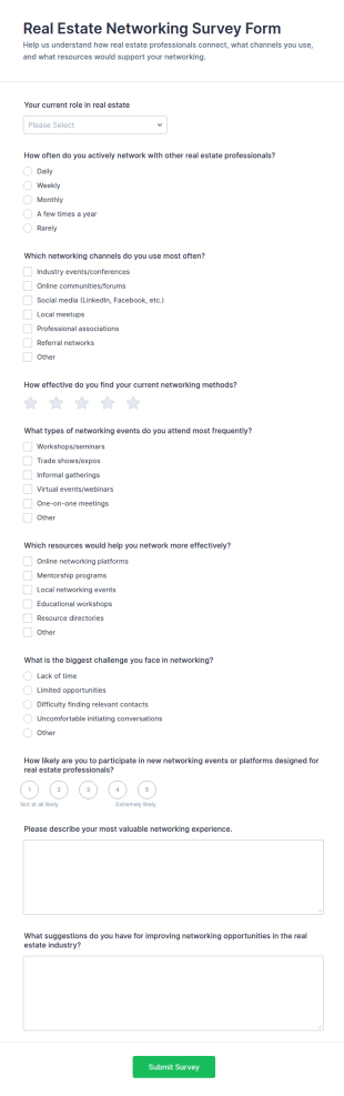 Real Estate Networking Survey Form Template