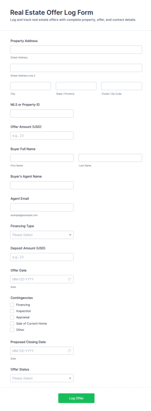 Real Estate Offer Log Form Template