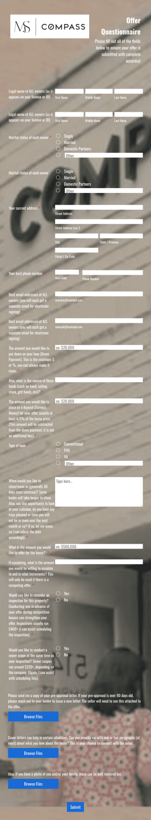 Real Estate Offer Questionnaire Form Template