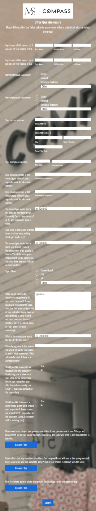 Real Estate Offer Questionnaire Form Template