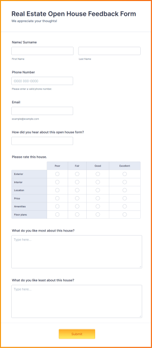 Real Estate Open House Feedback Form Template