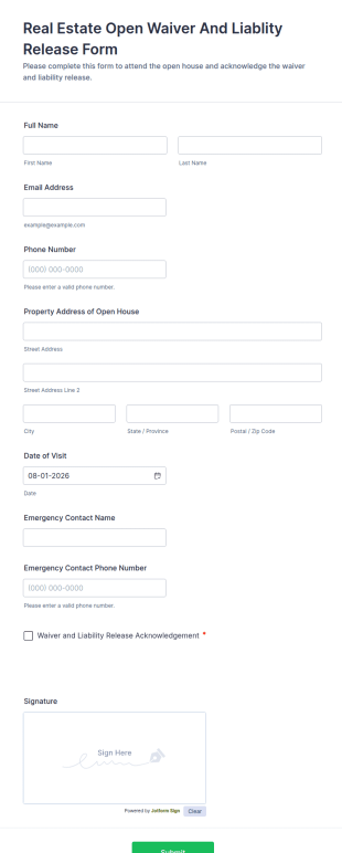 Real Estate Open Waiver And Liability Release Form Template