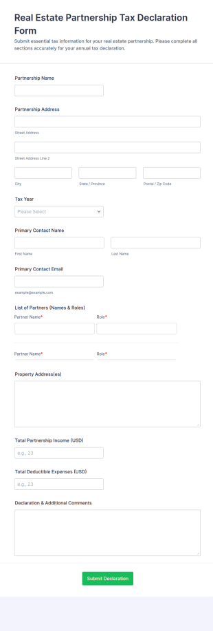 Real Estate Partnership Tax Declaration Form Template