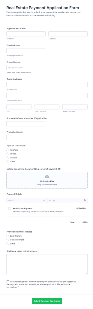 Real Estate Payment Application Form Template