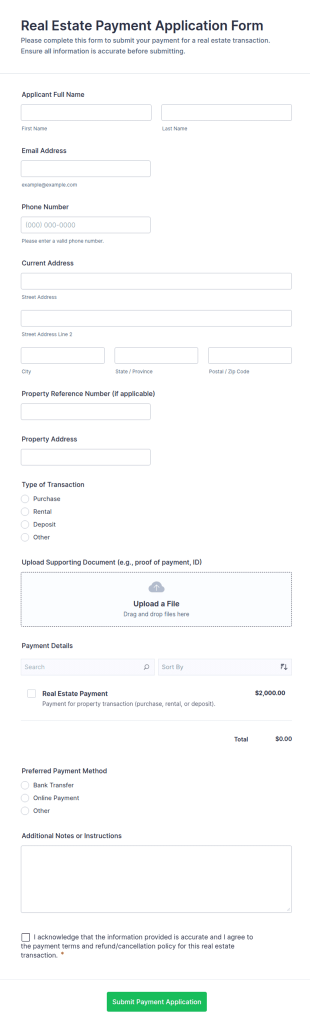 Real Estate Payment Application Form Template