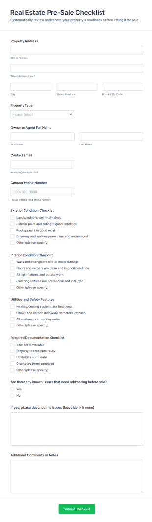 Real Estate Pre Sale Checklist Form Template