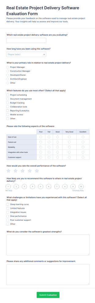 Real Estate Project Delivery Software Evaluation Form Template